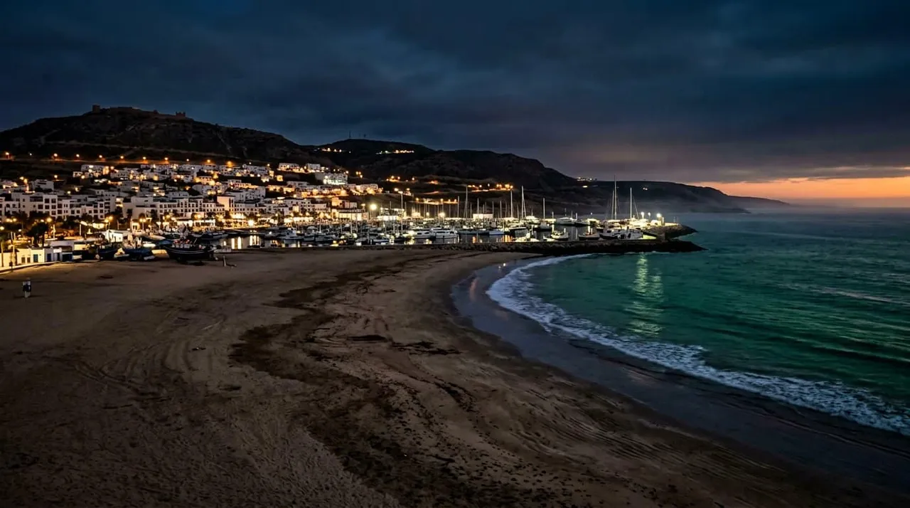 Illustration : plage et marina d'Agadir au crépuscule, sans personne