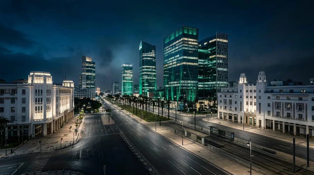 Illustration : boulevard et tours de bureaux du centre d'affaires de Casablanca à la tombée du jour