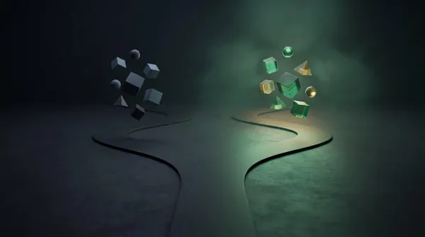 Illustration abstraite : deux chemins divergents, dont un éclairé en vert