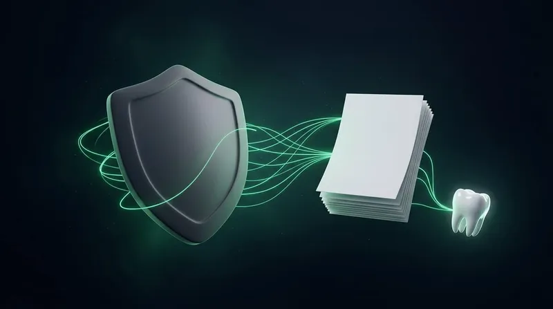 Abstract illustration: a shield and documents linked by green lines