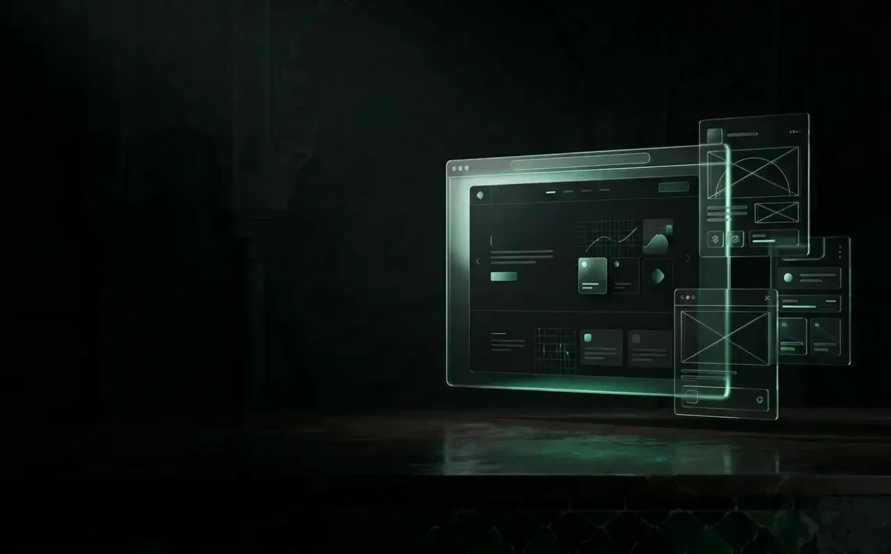 Interface web abstraite, avec des panneaux de navigateur en verre et des accents verts.