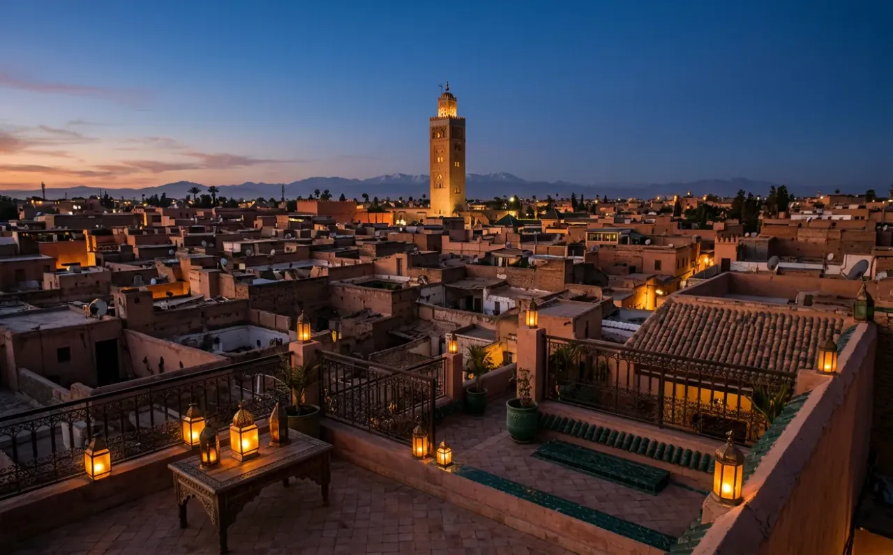 Vue de Marrakech au crépuscule, sans personne.