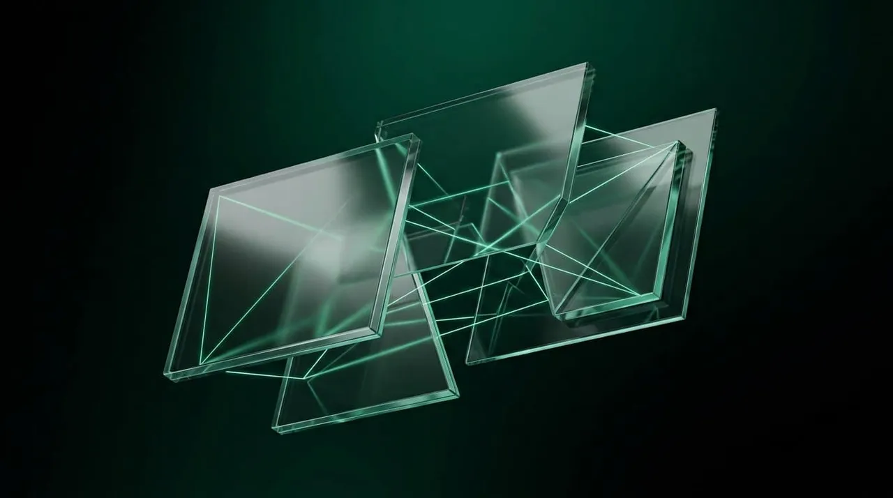 Illustration : trois panneaux de verre superposés reliés par des traits lumineux, dont un inversé de droite à gauche