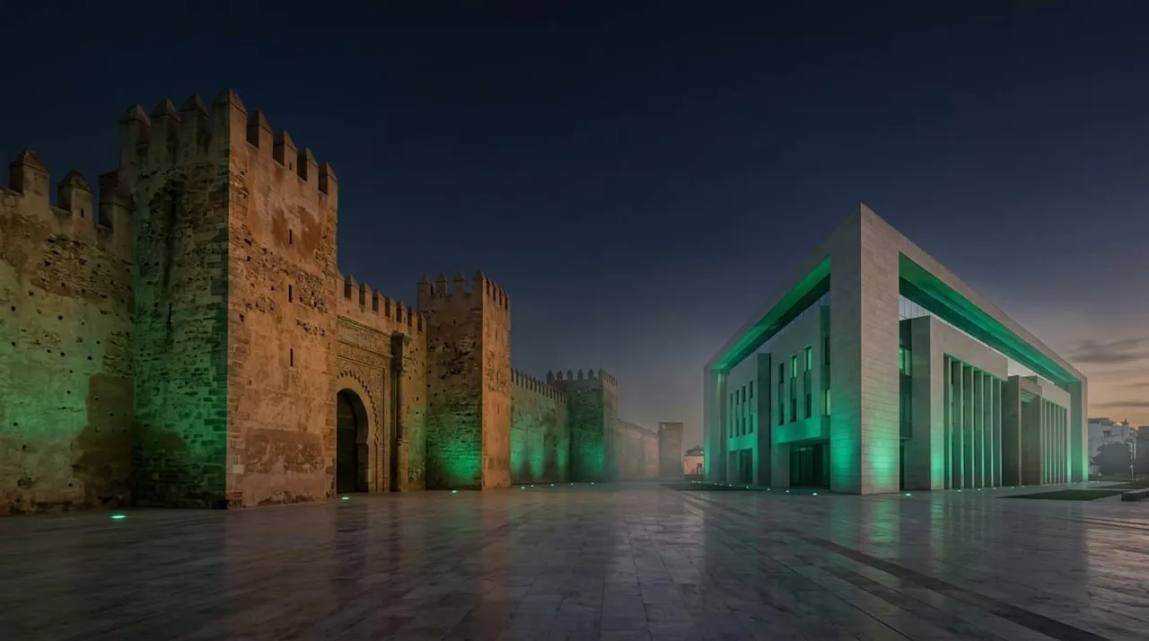 Illustration : remparts en pierre ocre et bâtiment administratif moderne à Rabat au crépuscule